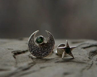 Silver Moon and Star studs, Green Topaz Rainforest mismatched jewelry, Asymetrical earrings, Minimalist Zodiac jewelry