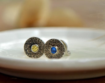 Silver 925 Ukrainian flag colors studs, 6mm Wild Textured earrings,Round minimalism jewelry,Fathers day gift, Zircon stone Unisex jewelry