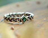 Princess cut Green Topaz 3mm Silver ring, Her Anniversary gift,Scandinavian Braid band, Viking Handfasting ceremony,Woodland Engagement