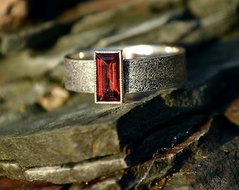 Promise ring with Baguette Garnet, Celtic Textured Silver 925 jewelry, unisex Viking Brutal engagement ring, Pagan Hand-fasting ceremony