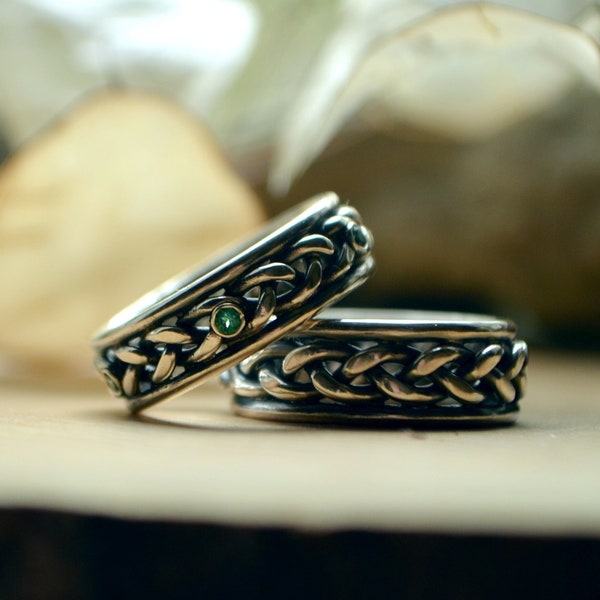 Viking bruiloft vlechtringen met 6 groene topaas edelstenen, Keltische zilveren ringset, Scandinavische heidense stijl sieraden, bosverloving, voor koppel