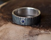 Silver Promise textured ring, vertical handhammered band, CZ Navy Blue zirconia stone, something Blue for her, viking alternative wedding