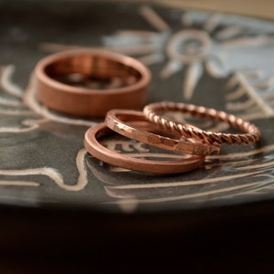 Copper Anniversary gift for couple,Stacking Copper set of 4pcs, 3 thin Textured rings for her and Matt Copper band for him,twisted thin ring image 2