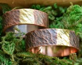 2pcs Mixed metal wild textured bands, Pagan Copper Brass handhammered set, Couple promise rings, Viking wedding,His and her alternative ring