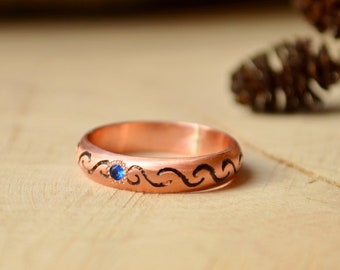 Nautical women ring, Copper Bohogirl ring, Blue Zirconia Stone, Mothers day gift, Viking engagement, Elf ring, Bohochic Ring, Navy Blue