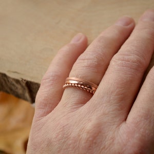 Copper Anniversary gift for couple,Stacking Copper set of 4pcs, 3 thin Textured rings for her and Matt Copper band for him,twisted thin ring image 6