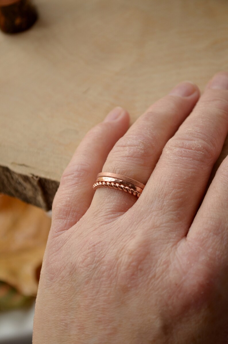 Copper Anniversary gift for couple,Stacking Copper set of 4pcs, 3 thin Textured rings for her and Matt Copper band for him,twisted thin ring image 6