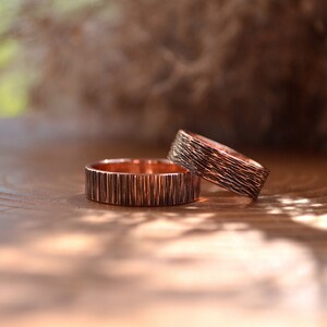 Viking wedding 2 pcs rings set, Rustic copper black, Bohostyle Engagement bands,Wood immitation texture, Nordic rings,Pagan promise ceremony image 6