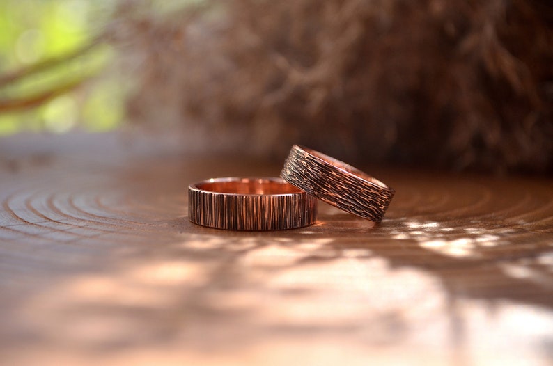 Viking wedding 2 pcs rings set, Rustic copper black, Bohostyle Engagement bands,Wood immitation texture, Nordic rings,Pagan promise ceremony image 6