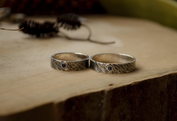 Dark blue Sapphire ring set Viking Textured Black Silver | Etsy
