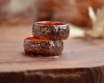 8мм Pure copper wedding 2 rings set,Personalized jewelry, Bohostyle Engagement bands,Hammered Texture, Nordic rings, Pagan promise ceremony