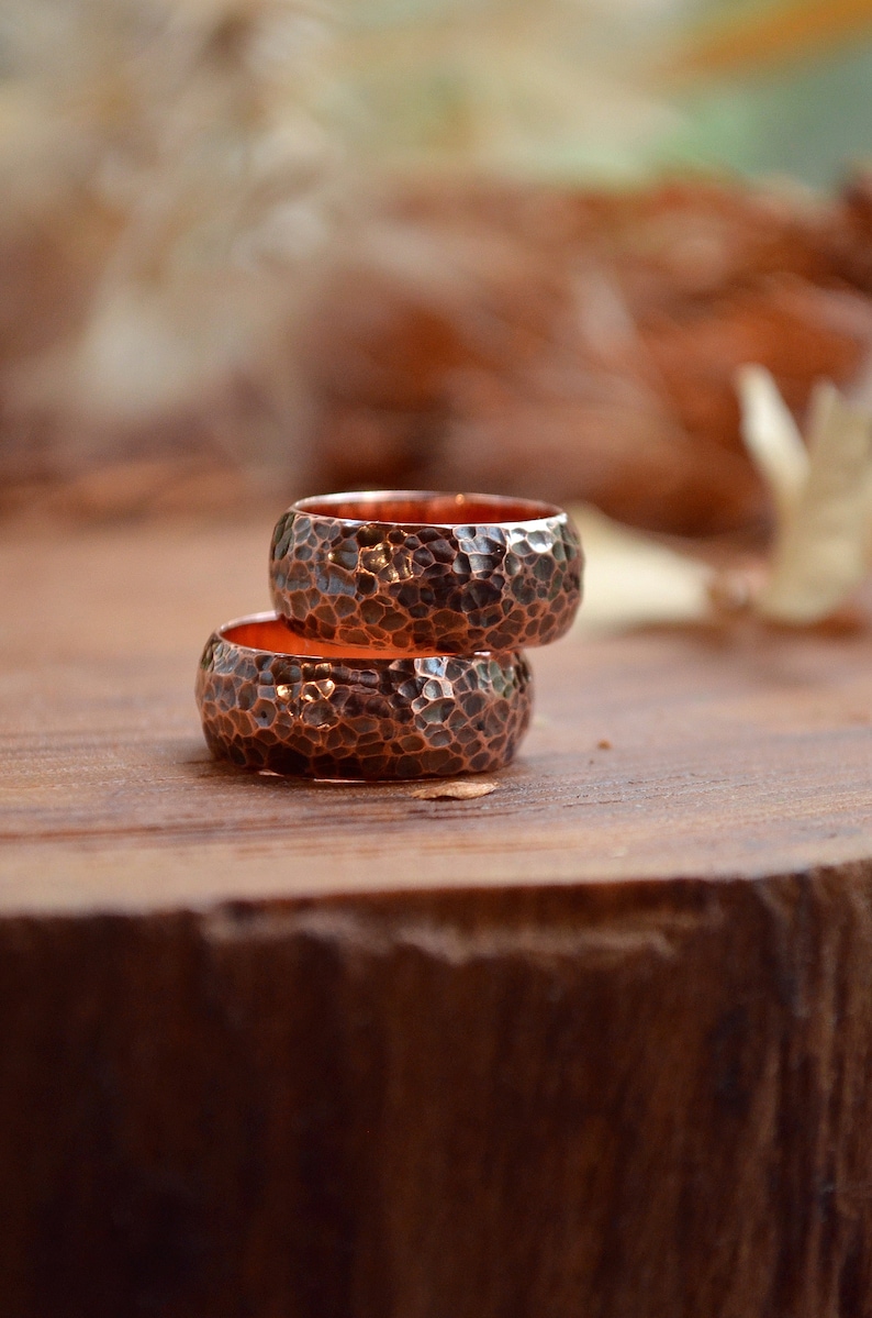 8мм Pure copper wedding 2 rings set,Personalized jewelry, Bohostyle Engagement bands,Hammered Texture, Nordic rings, Pagan promise ceremony image 1