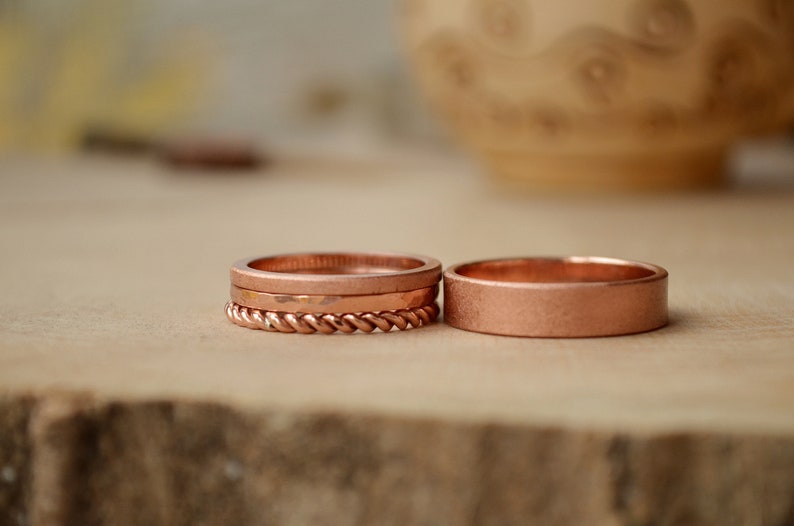Copper Anniversary gift for couple,Stacking Copper set of 4pcs, 3 thin Textured rings for her and Matt Copper band for him,twisted thin ring image 1