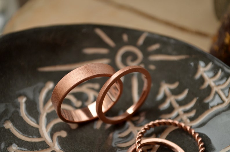 Copper Anniversary gift for couple,Stacking Copper set of 4pcs, 3 thin Textured rings for her and Matt Copper band for him,twisted thin ring image 8