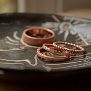 Copper Anniversary gift for couple,Stacking Copper set of 4pcs, 3 thin Textured rings for her and Matt Copper band for him,twisted thin ring image 7