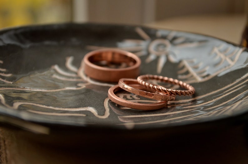 Copper Anniversary gift for couple,Stacking Copper set of 4pcs, 3 thin Textured rings for her and Matt Copper band for him,twisted thin ring image 7