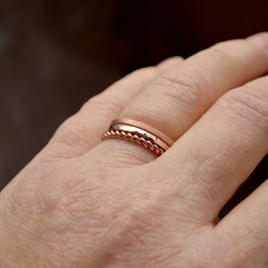 Copper Anniversary gift for couple,Stacking Copper set of 4pcs, 3 thin Textured rings for her and Matt Copper band for him,twisted thin ring image 5