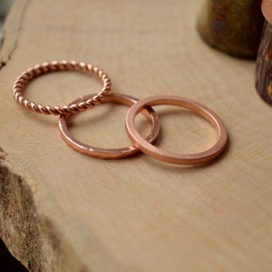 Copper Anniversary gift for couple,Stacking Copper set of 4pcs, 3 thin Textured rings for her and Matt Copper band for him,twisted thin ring image 3