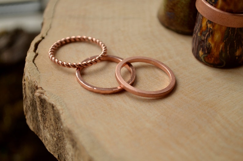 Copper Anniversary gift for couple,Stacking Copper set of 4pcs, 3 thin Textured rings for her and Matt Copper band for him,twisted thin ring image 3