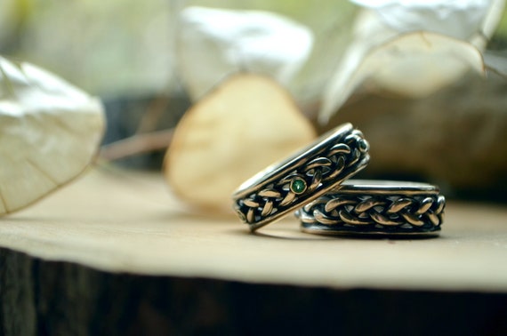 Viking Wedding Braid Rings With 6 Green Topaz Gems Celtic Silver