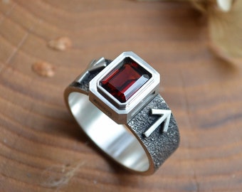 Dwarf ring with Garnet 8*6mm, Celtic Runes Guardian band, artifact symbols Algis and Teyvaz,Pagan Personalized jewelry,Viking Silver 925