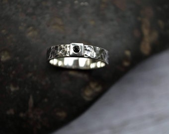 Silver Viking engagement ring, Black CZ stone,Organic textured hand hammered, boho style promise ring,Alternative wedding, Masculine jewelry