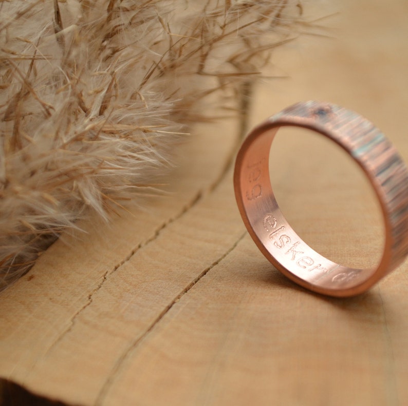 Viking wedding 2 pcs rings set, Rustic copper black, Bohostyle Engagement bands,Wood immitation texture, Nordic rings,Pagan promise ceremony image 7