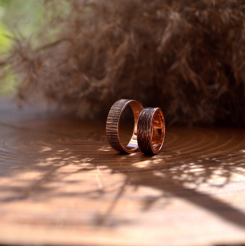 Viking wedding 2 pcs rings set, Rustic copper black, Bohostyle Engagement bands,Wood immitation texture, Nordic rings,Pagan promise ceremony image 4