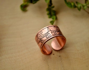 Copper ring, Men Flying bird ring, Fenix guardian band, Father's day gift, Bird in fire, Divergent Copper etching ring, Viking ring