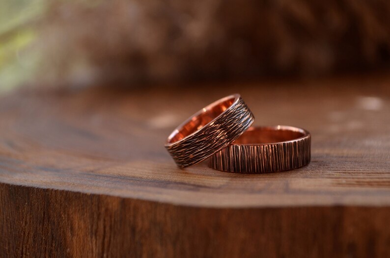 Viking wedding 2 pcs rings set, Rustic copper black, Bohostyle Engagement bands,Wood immitation texture, Nordic rings,Pagan promise ceremony image 1