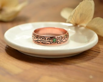 Woodland Engagement Green CZ ring for her, Art nouveau ring, Rustic floral ornament, boho girl thin ring, copper etching Elven tiny ring