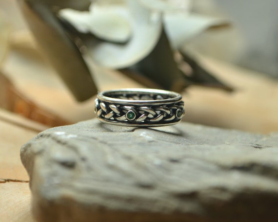 Viking Wedding Braid Rings With 6 Green Topaz Gems, Celtic Silver