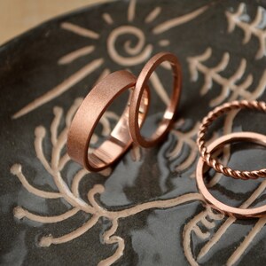 Copper Anniversary gift for couple,Stacking Copper set of 4pcs, 3 thin Textured rings for her and Matt Copper band for him,twisted thin ring image 9