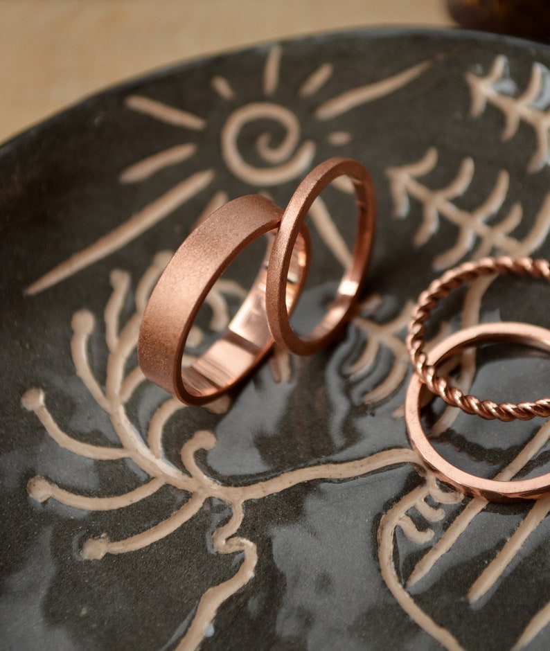 Copper Anniversary gift for couple,Stacking Copper set of 4pcs, 3 thin Textured rings for her and Matt Copper band for him,twisted thin ring image 9