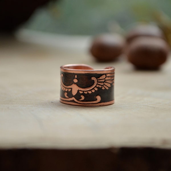 Copper ring, Men Flying bird ring, Phoenix guardian band, Father's day gift, Bird in fire, Copper etching ring, Viking ring