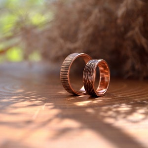 Viking wedding 2 pcs rings set, Rustic copper black, Bohostyle Engagement bands,Wood immitation texture, Nordic rings,Pagan promise ceremony image 5