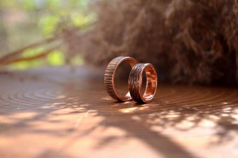 Viking wedding 2 pcs rings set, Rustic copper black, Bohostyle Engagement bands,Wood immitation texture, Nordic rings,Pagan promise ceremony image 5