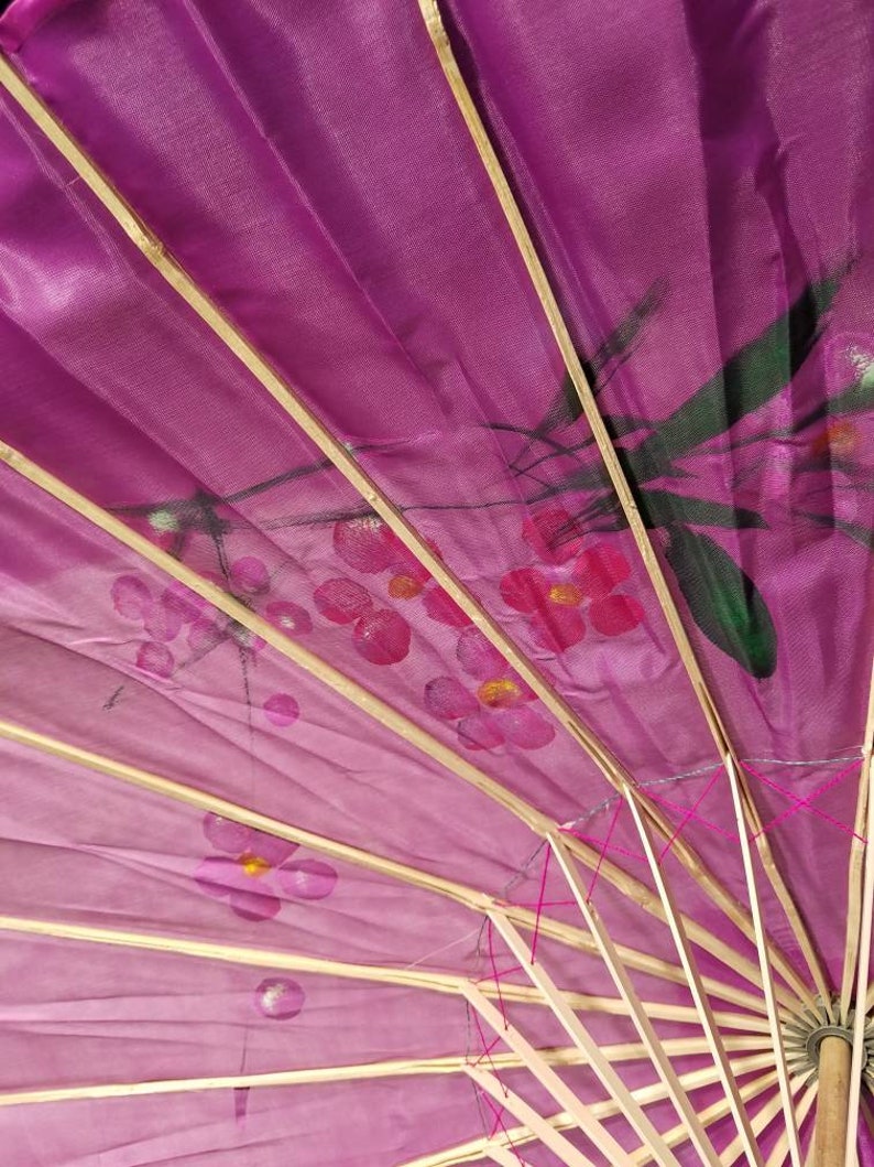 1950s Hand Painted Oriental Parasol Umbrella