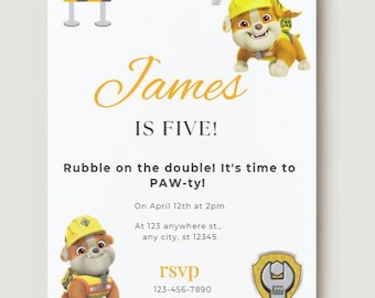 Gelbe Pfote Geburtstagseinladung: Baustelle Thema (bearbeitbare Canva-Vorlage)