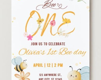Editable Bee Birthday Invitation: First Birthday Canva Template (Digital Download)