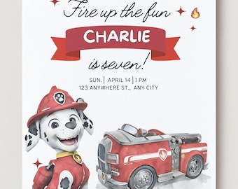 Invitación de cumpleaños de Red Fire Pup: Plantilla editable de Canva (descarga digital)