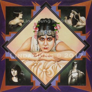 May include: A painting of a woman with dark hair and a jeweled headband, wearing a white dress and lying on a pillow. The painting is divided into nine sections, with four smaller images of women in the corners. The text "Linda Jung © 2017" appears twice in the painting.