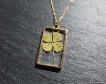 Collier Pendentif Porte-bonheur - Vrai Trèfle à 4 Feuilles Sous Verre Rectangulaire - Neuf Avec étiquettes