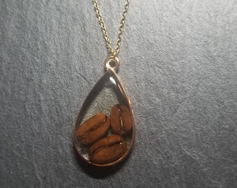 Coffee Bean Necklace, Real, Coffee, Bean, Necklace, Filled, Pendant, Gift, Coffee Lover, Stainless Steel, Gold, One of a kind, Handmade