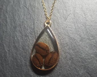 Coffee Bean Necklace, Real, Coffee, Bean, Necklace, Filled, Pendant, Gift, Coffee Lover, Stainless Steel, Gold, One of a kind, Handmade