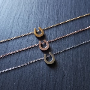 May include: Three delicate necklaces with horseshoe pendants in gold, rose gold, and silver.