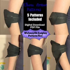 Pode incluir: Cinco padrões diferentes para armadura de cotovelo, mostrados no braço de uma pessoa. Os padrões são feitos de tecido preto e são projetados para serem usados para cosplay. O texto "Elbow Armor Patterns", "5 Patterns Included", "Digital Download PDF File", e "Wolvesylin Cosplay Pattern File!" é visível na imagem.