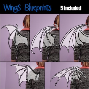 May include: Five printable wing blueprints for crafting. The blueprints show different wing designs, including a bat-like wing, a dragon wing, and a more traditional angel wing.