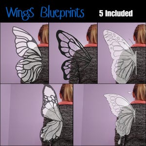 May include: Five butterfly wing blueprints, shown on a person's back, are outlined in black on a white background. The blueprints are for creating wings for a costume or cosplay.