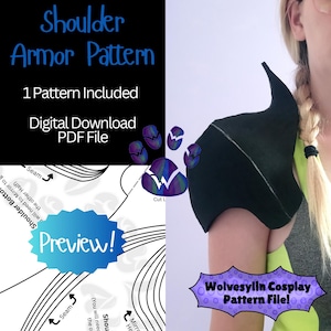 May include: A digital download PDF file for a shoulder armor pattern. The pattern is shown on a white background with a preview of the pattern. The pattern is also shown on a person wearing the armor. The text "Wolvesylin Cosplay Pattern File!" is in a purple circle.